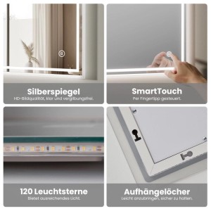 Emke Badspiegel 100x60 cm mit dimmbarer LED-Beleuchtung, Touchschalter. Zeigt Silberspiegel, LEDs & Aufhängung.