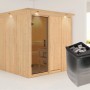 Karibu Sauna Rikka mit Ofen, naturbelassene Fichte, integrierte Steuerung und LED-Dachkranz.