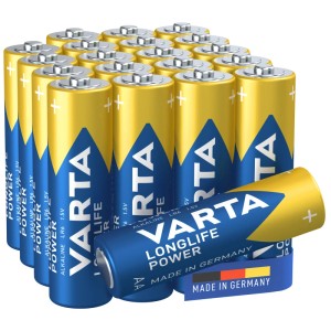 Varta Mignon AA LR06 Alkali-Mangan Batterien, 20er Pack. Blaue und gelbe 1,5V Batterien mit LONGLIFE POWER Aufschrift.