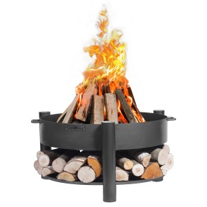 Schwarze CookKing Feuerschale Montana mit Holz und Flammen, Ø 80 cm.