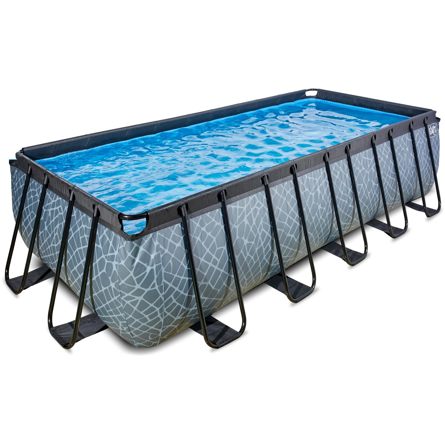 Rechteckiger, grauer EXIT Stone Pool 540x250x122cm mit Stahlrahmen, Sandfilterpumpe und Poolleiter.