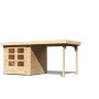 Helles Karibu Holz-Gartenhaus Speedy A mit Doppeltür, Glasfenstern und Anbaudach. Geräteschuppen mit überdachtem Bereich.