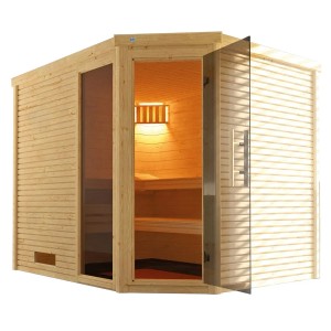 Weka Designsauna Cubilis 3 mit Glastür und Saunaleuchtenset, Fichtenholz natur