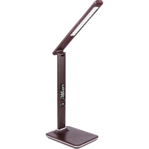 Dunkelbraune LED-Tischlampe Tanna mit Uhr und Touchdimmer für den Schreibtisch.