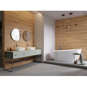 Beige Cersanit Wandfliese Oslo Light mit Holzstruktur im modernen Badezimmer.