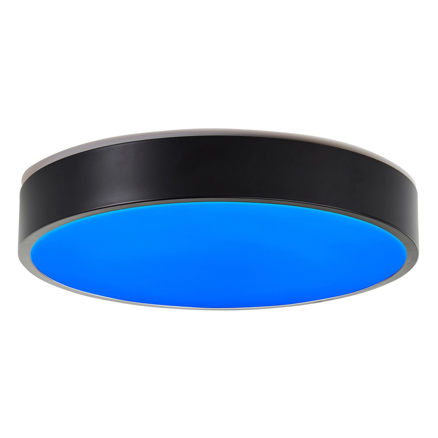 Smarte LED-Deckenleuchte Vadin in Schwarz/Weiß mit blauer Beleuchtung, Durchmesser 33 cm.