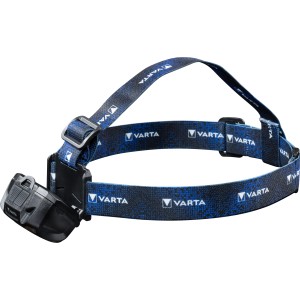 Varta LED-Kopflampe Work Flex H20 mit Bewegungssensor und blauem Stirnband.