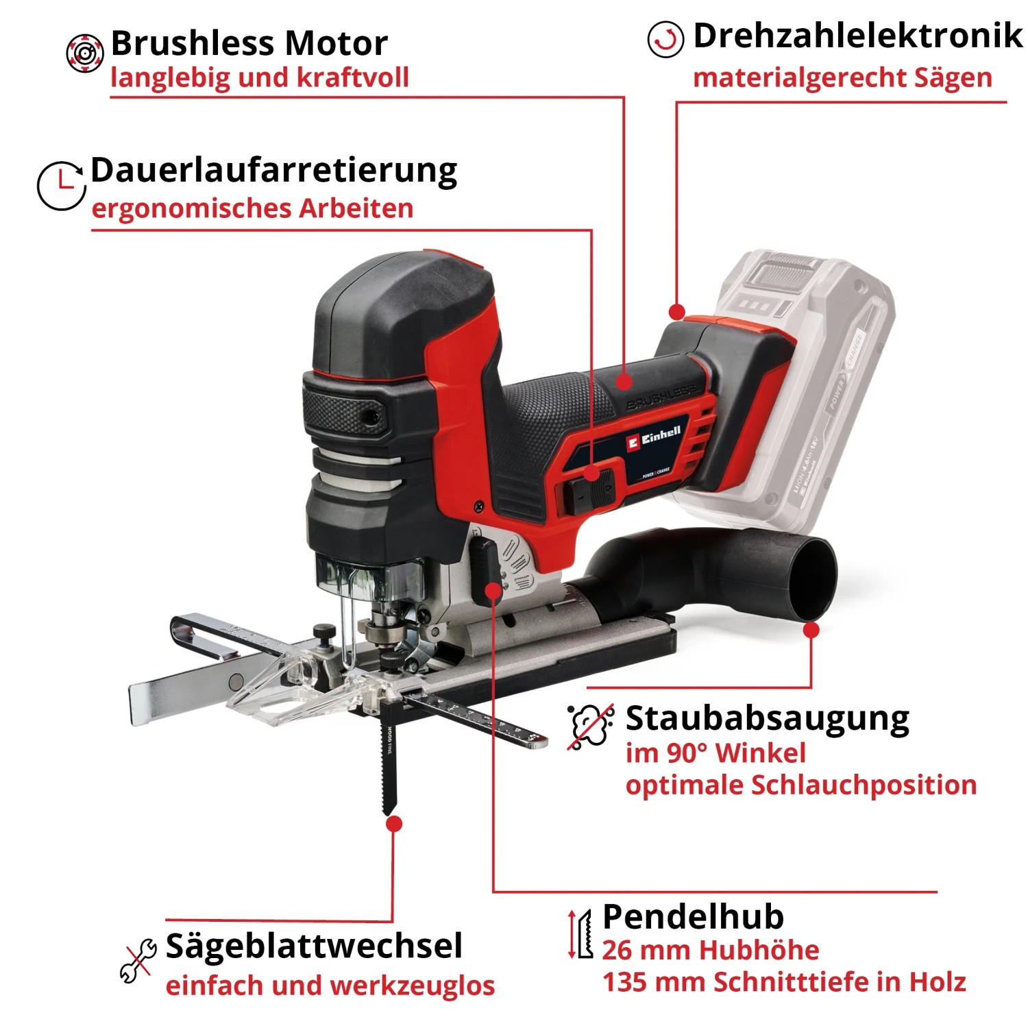 Einhell Akku-Stichsäge TP-JST 18/135 Li BL Solo: Leistungsstarke Elektrosäge für präzise Schnitte.