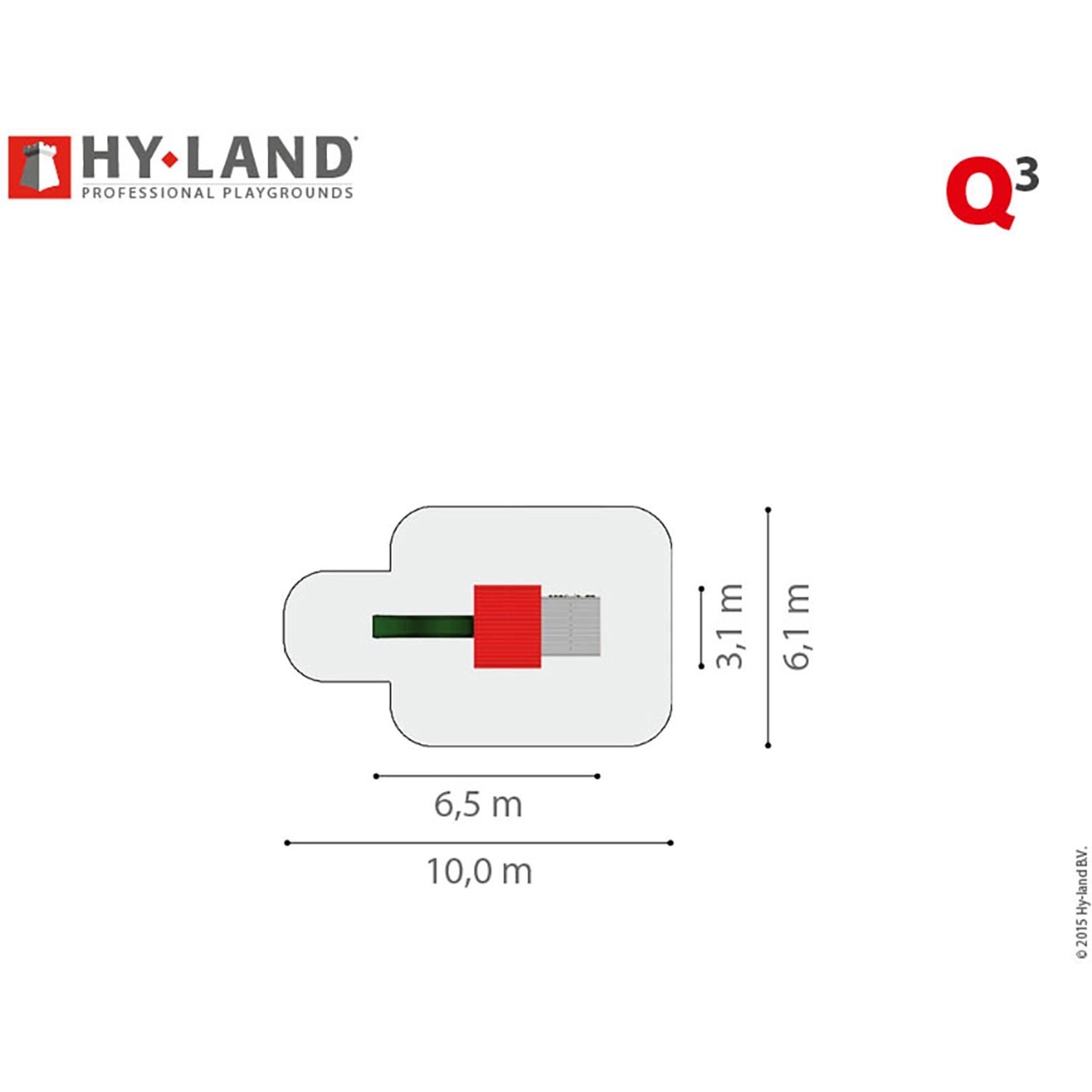 Draufsicht Hy-Land Spielgerät Q3 mit Rutsche: Maße und Anordnung der Elemente.