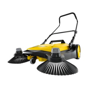 Gelbe Kärcher Kehrmaschine S6 Twin mit zwei Seitenbesen und schwarzem Schubbügel.