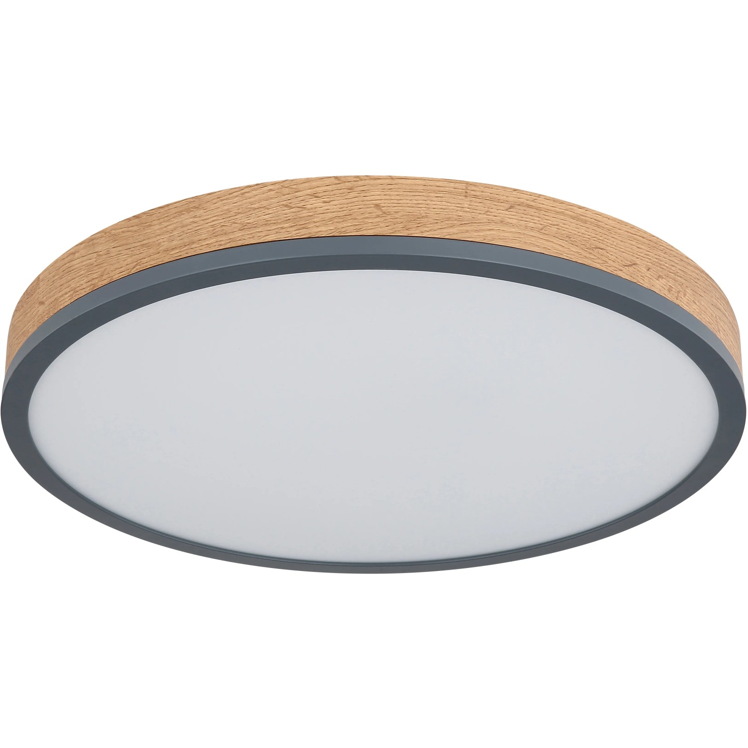 Runde LED-Deckenleuchte Doro, Graphit/Holzoptik, 450mm Durchmesser. Moderne Deckenlampe für Wohnräume.