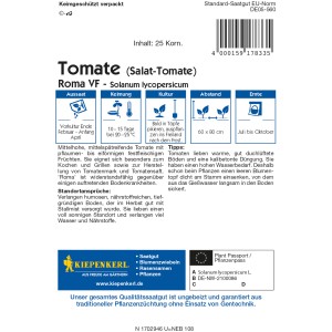 Saatgutpackung Kiepenkerl Tomate 'Roma', ideal für Tomatenmark und Grillen.