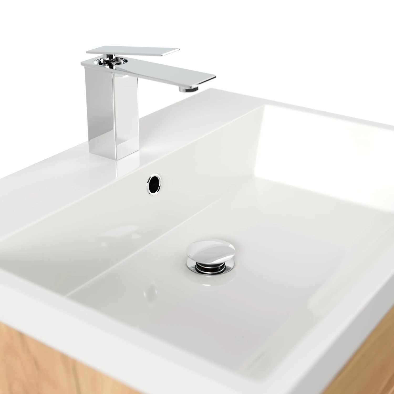 Detailaufnahme: Posseik Badmöbel Fellini 60 in Eiche Gold mit Waschbecken und Armatur.