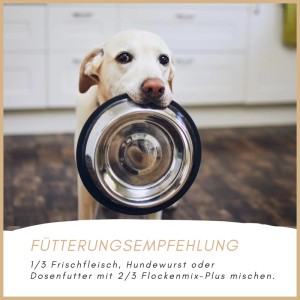 Labrador mit leerem Napf wartet auf Supravit Flockenmix Plus. Ergänzung für Hunde-Trockenfutter.