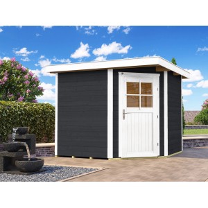 Weka Holz-Gartenhaus Angolo B mit Flachdach, anthrazitfarben, 239x235 cm. Gartenhaus mit weißer Tür.