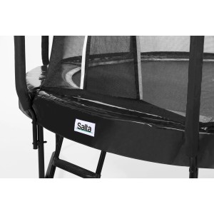 Detailaufnahme: Schwarzes Salta Trampolin First Class ø 305 cm mit Leiter und Sicherheitsnetz.
