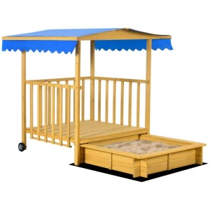 Outsunny Sandkasten mit blauem Dach, Holzspielhaus und ausziehbarem Sandbereich auf Rollen.