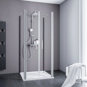 Schulte U-Kabine Alexa Style 2.0 mit Pendeltür, Alu-Natur, 90x192 cm, mit Duschkopf und Ablage.