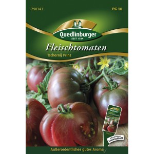 Samenpackung Quedlinburger Fleisch-Tomate 'Tschernij Prinz' mit dunkelroten, großen Tomaten.