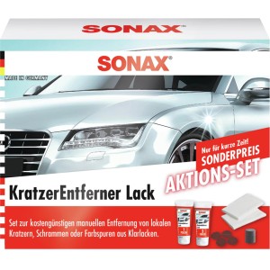 Sonax Kratzer Entferner Lack Aktionsset mit Polituren, Schleifblüten, Polierflies und Polierstempel.