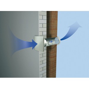 Weißer Badventilator mit Glasabdeckung (Ø 100 mm) an Wand montiert, Luftstromrichtung durch blaue Pfeile dargestellt.