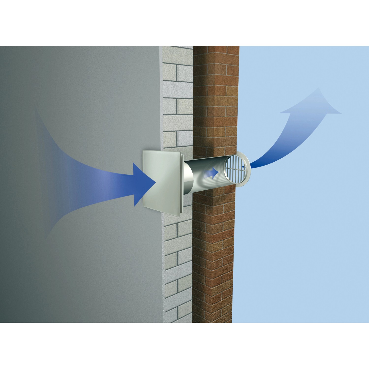 Weißer Badventilator mit Glasabdeckung (Ø 100 mm) an Wand montiert, Luftstromrichtung durch blaue Pfeile dargestellt.