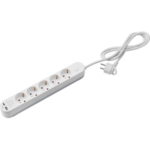 Weiße 5-fach Steckdosenleiste mit 2 USB-Anschlüssen und 1,4 m Kabel.