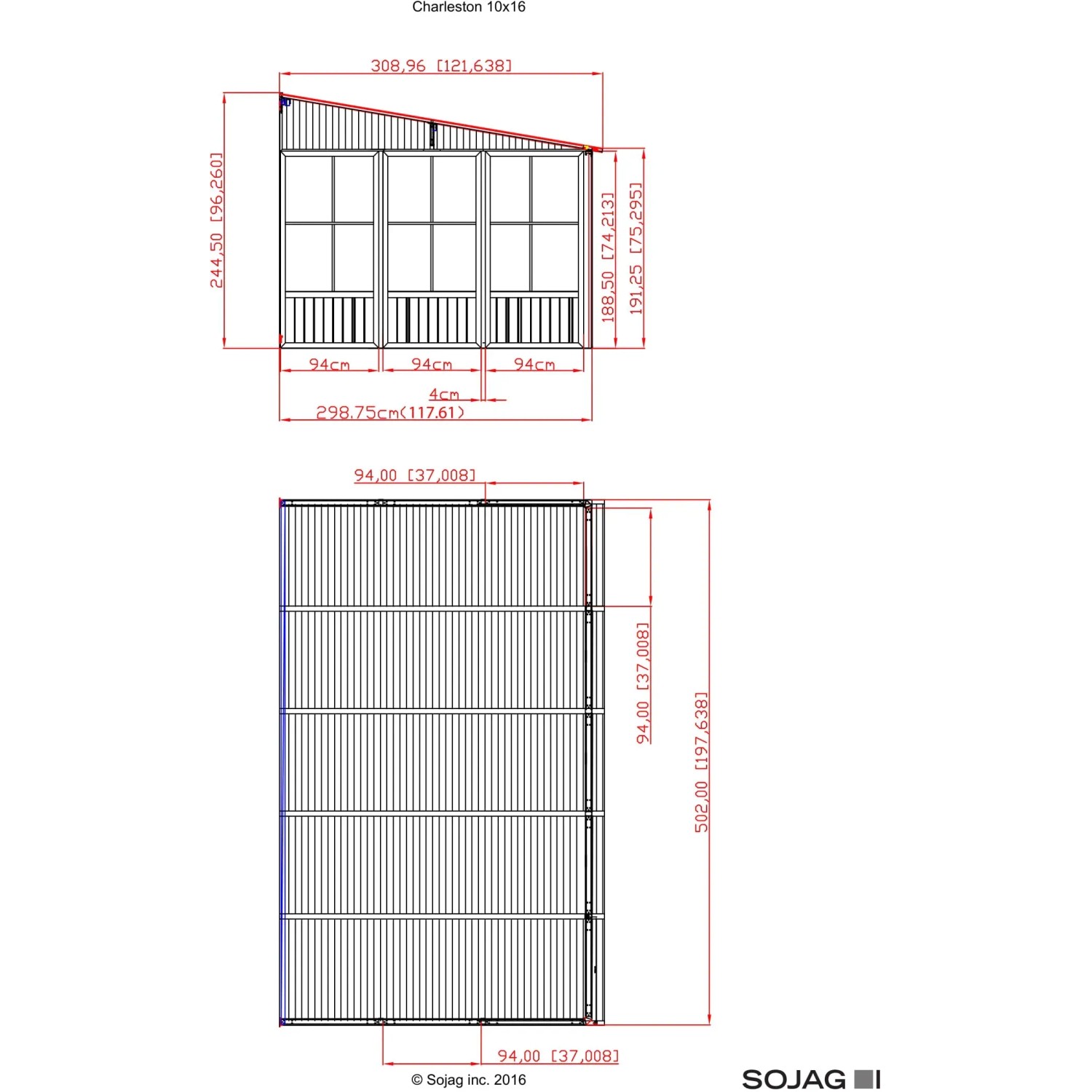 Technische Zeichnung Sojag Kalt-Wintergarten Mural 309x502 cm, Maße und Details.