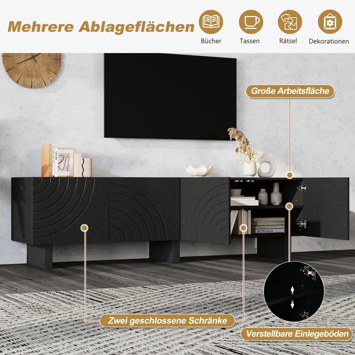okwish TV-Bank Mit Struktur 4 Türen Wohnzimmer 180x40x55cm Schwarz_7