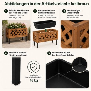 MCW Pflanzkasten P86 aus braunem Akazienholz mit schwarzen Stahlfüßen und herausnehmbarem Kunststoffeinsatz. Für Balkon, Terrasse.