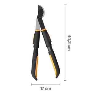 Fiskars Astschere Bypass OneClick, orange-schwarz, mit Maßangaben (44,2 x 17 cm).