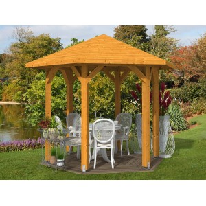 Skan Holz Pavillon Nancy 1, Eiche hell, mit Tisch und Stühlen im Garten.