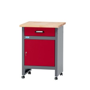 Küpper Werkbank, dunkelrot, mit Tür, Schublade, Rollen und Buchenholzplatte.