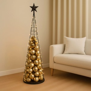 Schwarzer Deko-Baum aus Metall (160 cm) mit goldenen Kugeln und Lichtern als Weihnachtsdekoration.