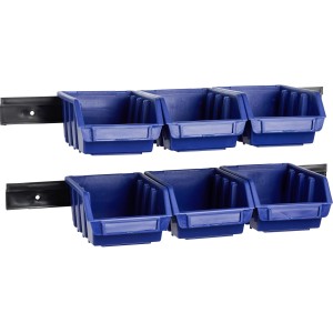 Blaues LUX Lagersichtbox Set mit 6 Stück, Größe 2, an Wandmontageschiene.