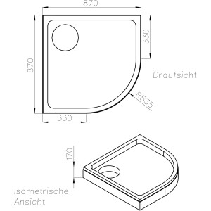 Technische Zeichnung Ottofond Wannenträger Kraton 90 cm für Duschwanne mit Maßangaben.