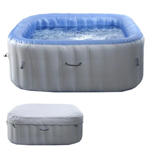 Aufblasbarer, eckiger Whirlpool in Grau-Blau für 5 Personen, mit Abdeckung.