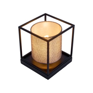 Graue Näve Tischleuchte Beta mit schwarzem Metallrahmen und Textilschirm, 17x15x15 cm.