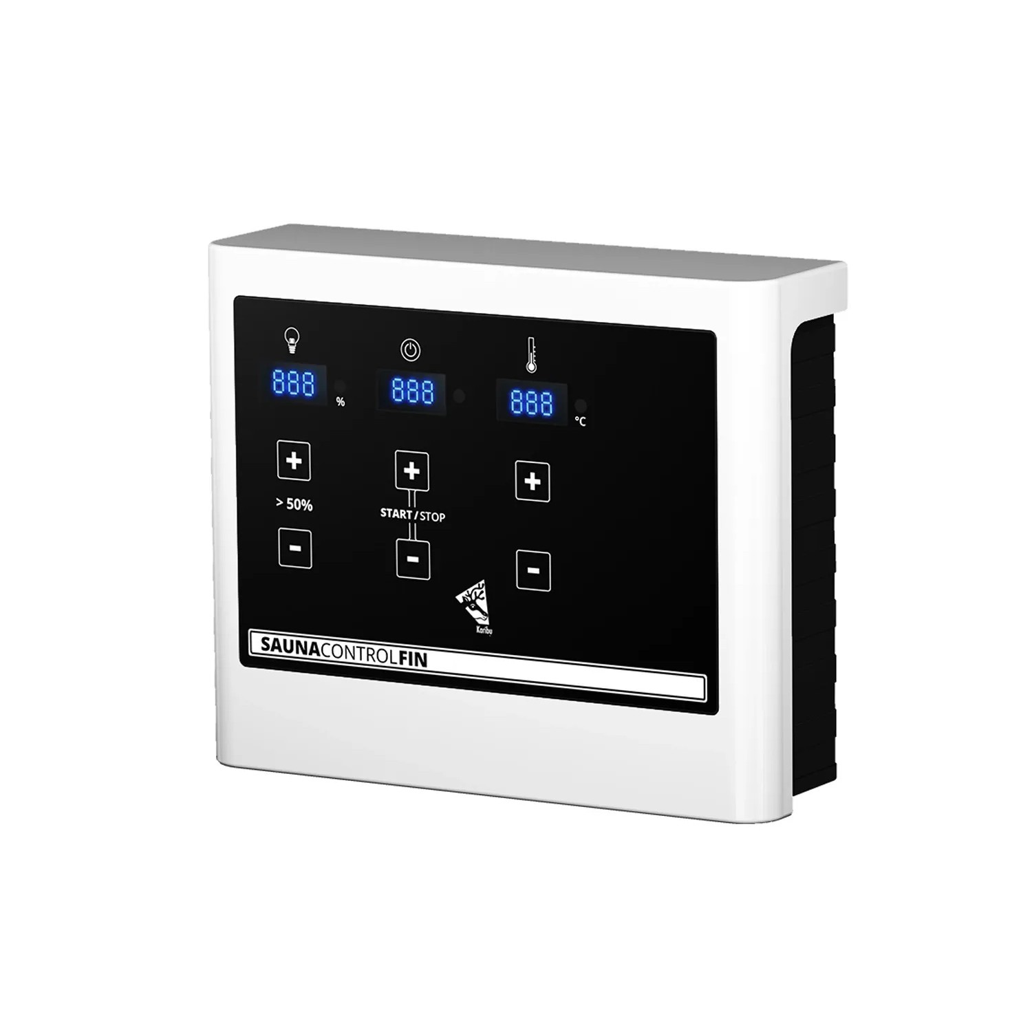 Externe Steuerung für Karibu Saunaofen, weiße Blende mit digitaler Anzeige.