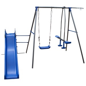 Blaues Metall Spielgerät Peter mit Schaukel, Rutsche und Basketballkorb für den Garten.