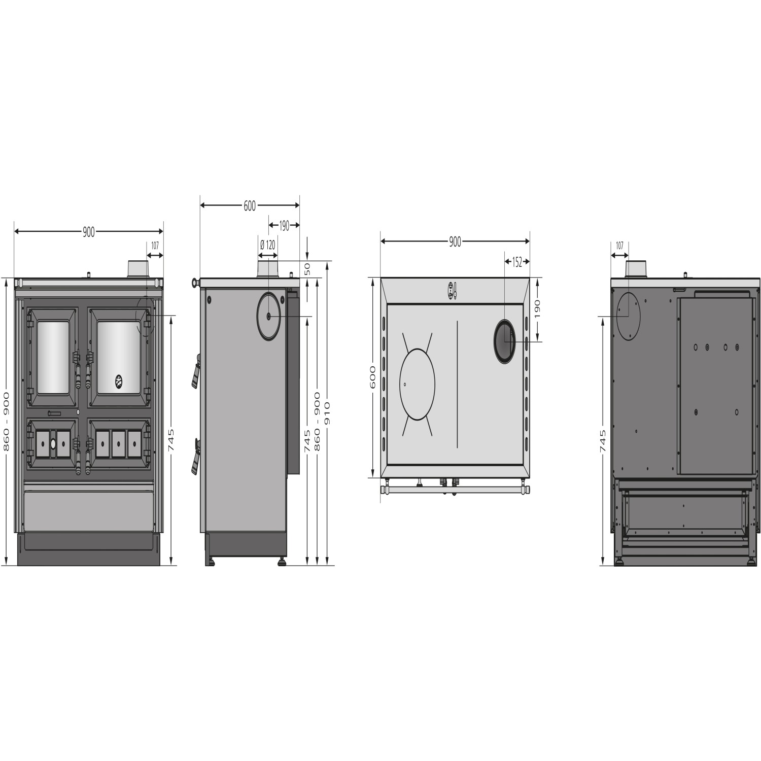 Technische Zeichnung Justus Küchenofen Rustico 90 2.0 Speckstein Schwarz 7 kW mit Maßen.
