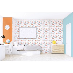 Kinderzimmer mit orangefarbener Vliestapete mit Luftschiff-Motiv.