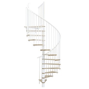 Weiße Minka Spindeltreppe Switch (Ø 140 cm) mit Eichenholzstufen. Innentreppe, Raumspartreppe.