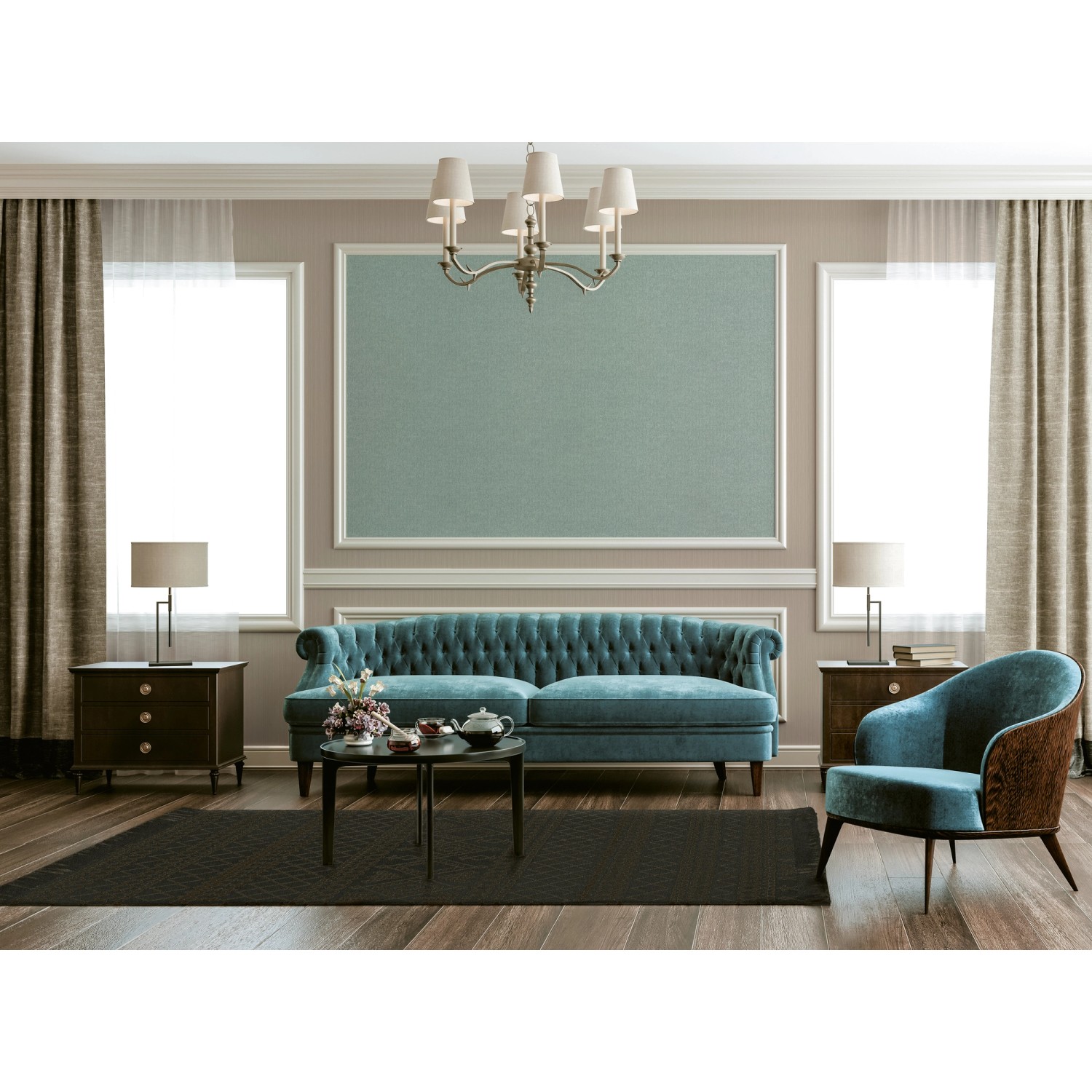 Wohnzimmer mit türkiser Vliestapete Mustertapete als Wanddeko.