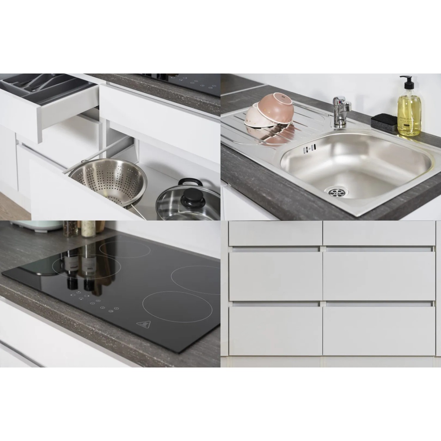 Respekta Küchenzeile 320 cm, grifflos, weiß matt, Details: Spüle, Kochfeld, Schubladen.