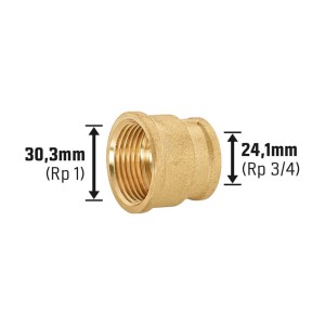 Gewinde-Reduziermuffe aus Messing, 24,1 mm (Rp 3/4) x 30,3 mm (Rp 1) für Gewindefittings.