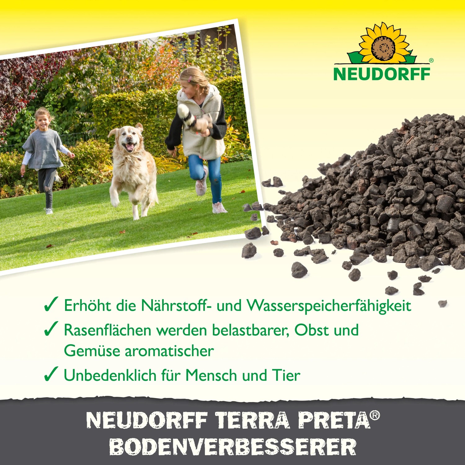 Neudorff Terra Preta Boden-Verbesserer: Granulat und Kinder mit Hund im Garten.