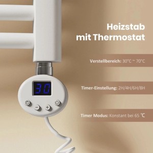 Weißer Emke Badheizkörper Thermostat mit Digitalanzeige (30°C), Tasten und Timer-Funktion. Einstellbereich 30-70°C.