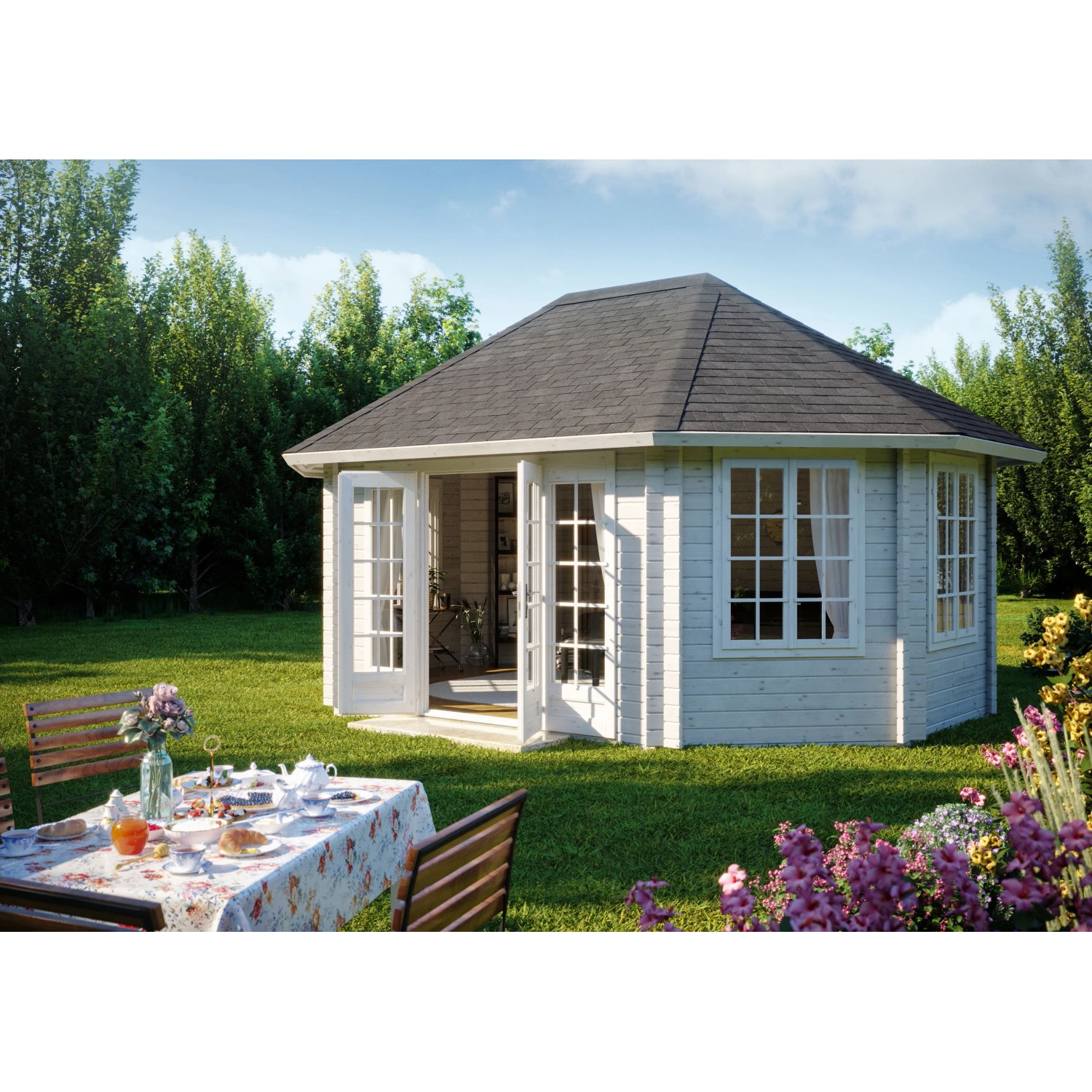 Palmako Holz-Pavillon Hanna, grau grundiert, mit Doppeltür und Fenstern im Garten.