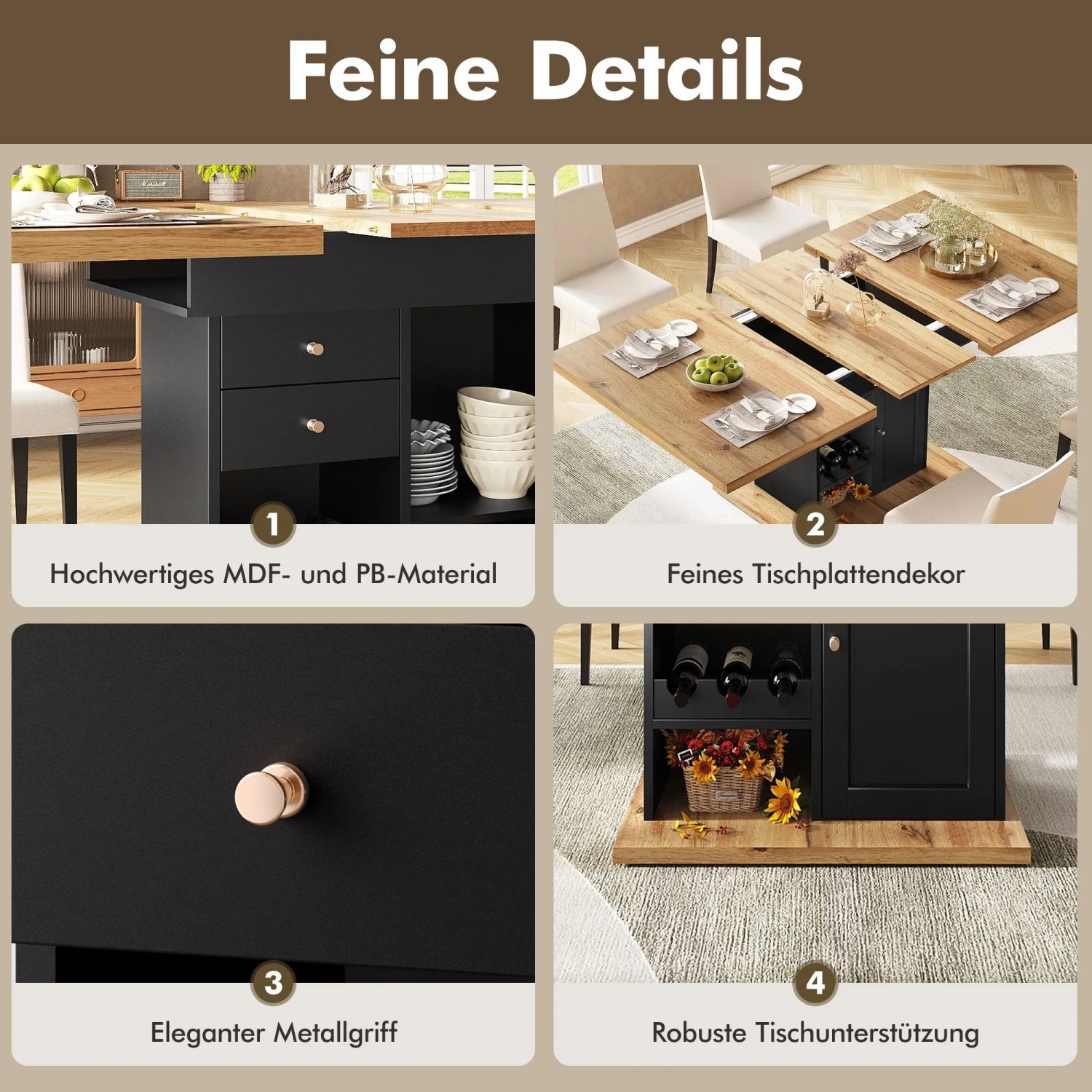 Schwarzer ausziehbarer Esstisch mit Holzplatte, Schubladen, Weinregal und eleganten Metallgriffen. Zeigt Details der Konstruktion.